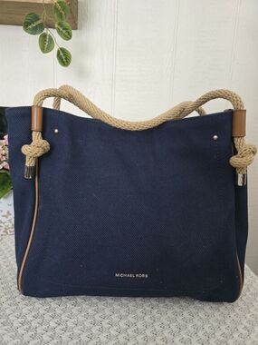 Michael Kors Navy Canvas Tote with Tan Rope Handles